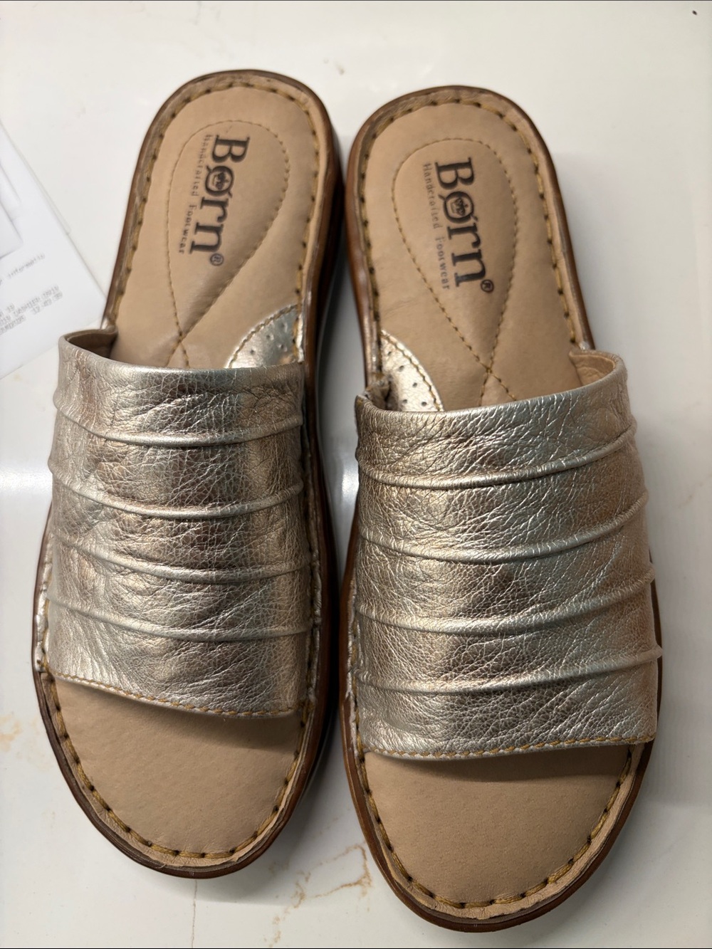Born Metallic Silver-Tone Pleated Slide Sandals